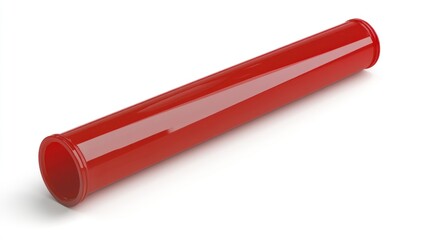 Red plastic tube lying diagonally on a white surface, casting shadow; minimalist presentation