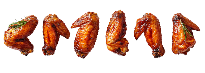 Set of roasted grilled barbecue chicken wings with different angles, isolated transparent background. PNG file
