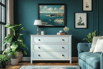 4-drawer storage cabinet with a white frame and teal blue color, metal construction, placed in the living room near the wall.