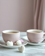 Fototapeta premium Elegant coffee break with pastel pink cups and heart shaped marshmallows on marble table top