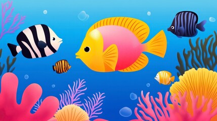 Fototapeta premium Colorful Cartoon Fish Swimming in Vibrant Coral Reef Underwater Scene