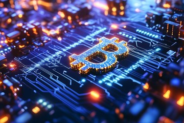 Fototapeta premium Glowing Bitcoin Cryptocurrency Digital Symbol on Circuit Board Technology Background Abstract Futuristic Blockchain Finance Network Innovation Digital