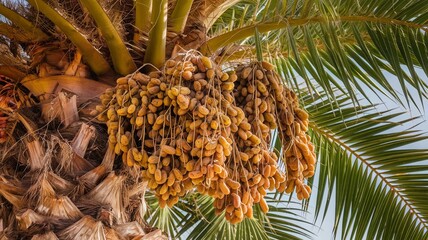A close-up of fresh dates in a decorative bowl, beautifully arranged on a wooden table with soft warm lighting. The background features a blurred Middle Eastern ambiance, perfect for Ramadan-themed de