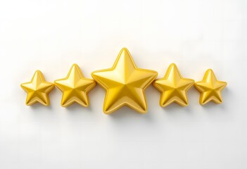 Five Shiny Golden Stars on White Background – Perfect for Reviews, Ratings, Quality, and Excellence Concepts