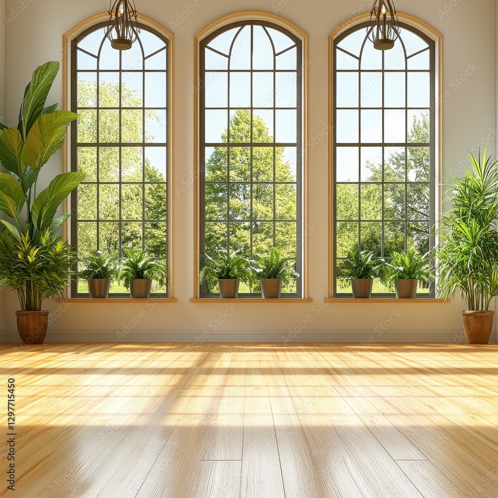 Poster bright interior with three arched windows overlooking lush green trees and plants casting shadows on