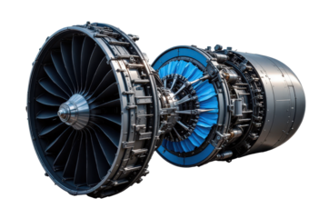 Detailed Jet Engine with Blue Blades, transparent background