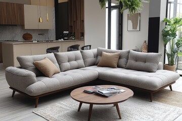 Fototapeta premium L-shaped linen sofa with wooden legs and armrests, coffee table with books, and a cozy kitchen background with hanging plant and warm tones.