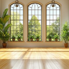 Fototapeta premium Bright interior with three arched windows overlooking lush green trees and plants casting shadows on the floor creating a tranquil and inviting space