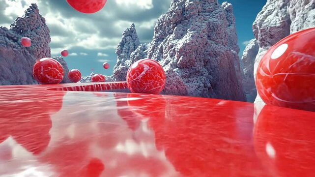 Ethereal Orbscape: An otherworldly landscape of floating red spheres amidst surreal rocky formations reflecting on a crimson surface, creating a vibrant, futuristic scene. 