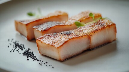 81.A close-up view of shabu-style pork belly slices, arranged symmetrically on a clean white plate, with the subtle grey background providing a minimalist aesthetic.