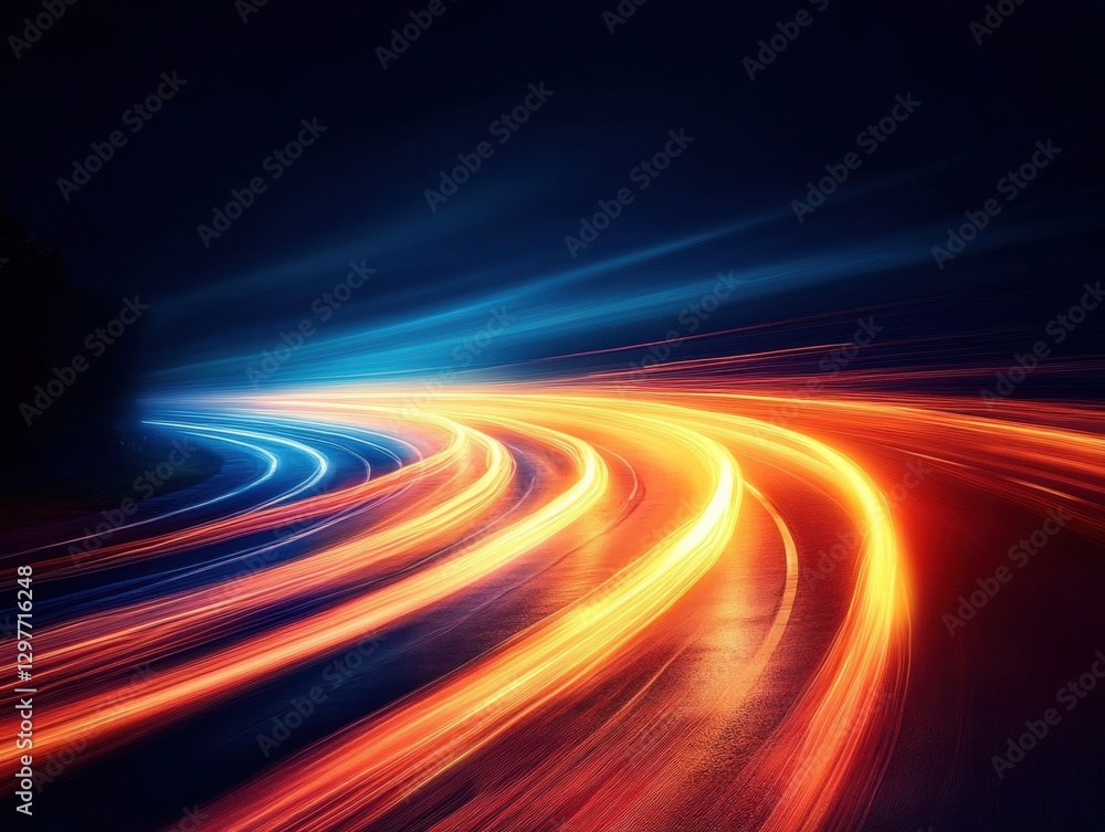 Poster dynamic motion blur of vibrant light trails on dark background creating a sense of speed and energy 