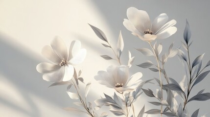 9.A collection of transparent botanical illustrations, featuring finely detailed flowers and foliage, rendered with soft gradients and shadow effects for a realistic yet ethereal appearance.