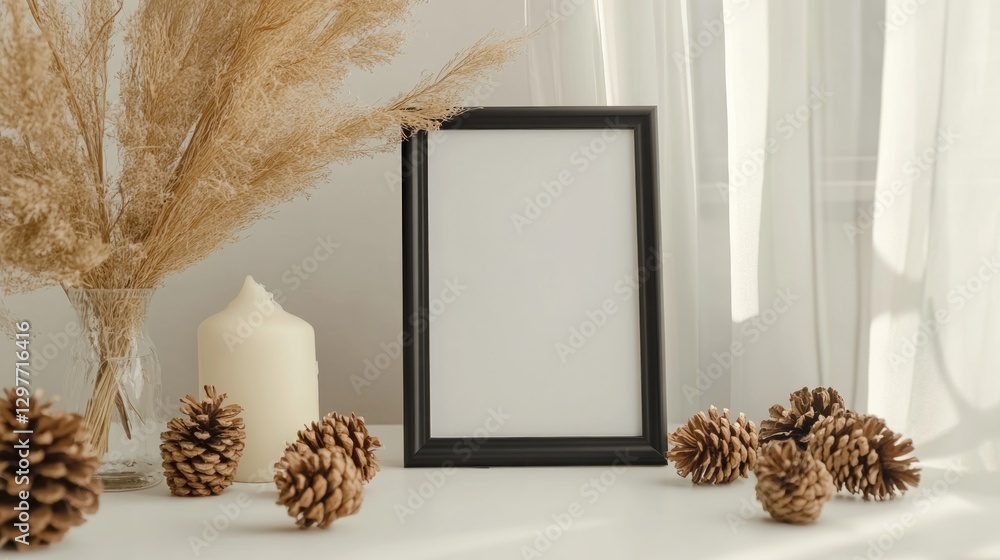 Poster empty frame stands with decor on bright table near curtained window