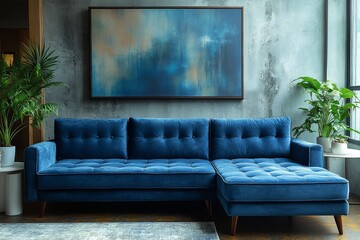 Obraz premium Blue velvet sofa with chaise lounge, elegant legs, square armrests, dark wood details, and crisp buttons, next to a white coffee table with potted plants and abstract paintings.