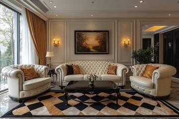 Fototapeta premium European classical white leather sofa with black and beige checkered carpet, wooden floors, soft lighting, and a well-lit living room with modern decorative elements.