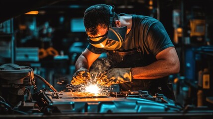 Skilled welder meticulously works on car engine, sparks flying, intense focus.
