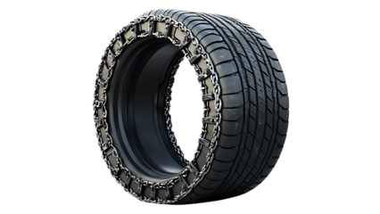 a single car tire with snow chains installed, perfect for winter driving and ensuring safety on icy roads