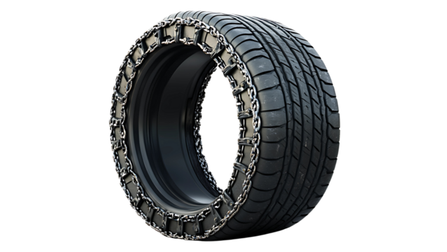 a single car tire with snow chains installed, perfect for winter driving and ensuring safety on icy roads