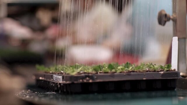 A tray of plants go down a conveyor belt and are watered by an automatic sprayer.