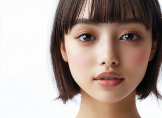 Naklejka premium A young Asian woman with a stylish bob cut smiles confidently, set against a crisp white background. The portrait radiates positivity and simplicity, making it visually striking.