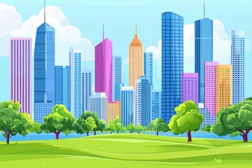 Obraz premium Colorful City Skyline with Green Park and Blue Sky Background