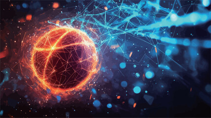 Obraz premium The image is a digital illustration depicting a fiery, glowing orange sphere at the center. The sphere has a cracked, textured surface suggesting intense heat. Intricate, glowing energy streams,