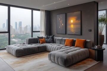Dark gray L-shaped three-seater sofa with chaise longue, featuring luxurious misty home atmosphere and soft quilted wool velvet texture, dawn light shining through windows.