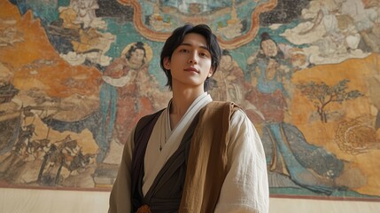 Fototapeta premium The Oriental artistic conception in front of the mural for men