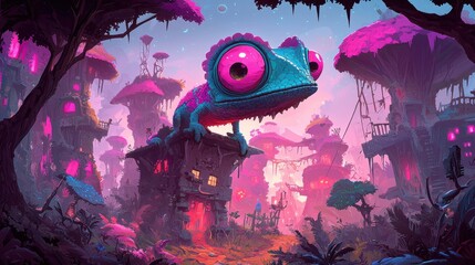 A chameleon sits atop a house in a fantastical forest, its large pink eyes gazing directly at the viewer.