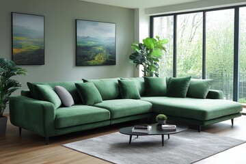 Fototapeta premium Large green fabric sofa with chaise longue on wooden legs, L-shaped design with deep armrests and cushions, modern style for comfort and relaxation.