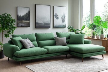 Fototapeta premium Large green fabric sofa with chaise longue on wooden legs, L-shaped design with deep armrests and cushions, modern style for comfort and relaxation.