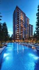 Obraz premium Luxury Apartment Pool: Evening View, Relaxing Ambiance