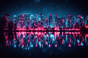 Obraz premium Vibrant Night Cityscape Reflection with Neon Lights and Stars