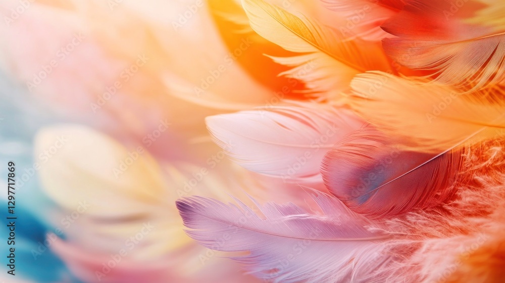 Canvas Prints Feathers close-up, soft focus. Orange, pink, and blue background. Textured delicate plume details