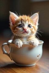Cute kitten in a teacup looking up with big eyes, pet, adorable, big eyes
