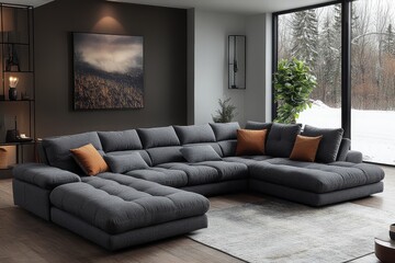 Fototapeta premium Stunning black fabric U-shaped sofa with hidden storage shelves beneath the chaise lounge, seating up to four people in warmth and luxury.