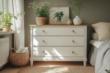 White and gold dresser with three drawers in Nordic-style living room, close-up shot with soft lighting and high-resolution hyper-realistic details.