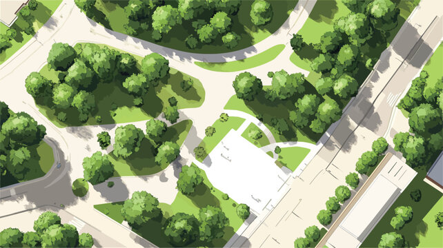 The image is an overhead, aerial shot of a park or green space. The perspective is from directly above, showing a bird's-eye view of the layout.  The color palette is primarily green from the