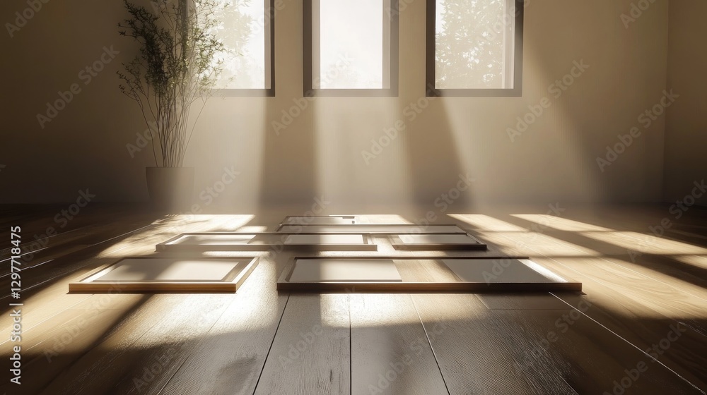 Poster sunlight streams through windows onto empty frames on a wooden floor