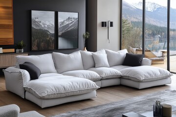 White, backless U-shaped sofa with chaise lounge, smooth fabric texture, comfortable and soft for home living room furniture.