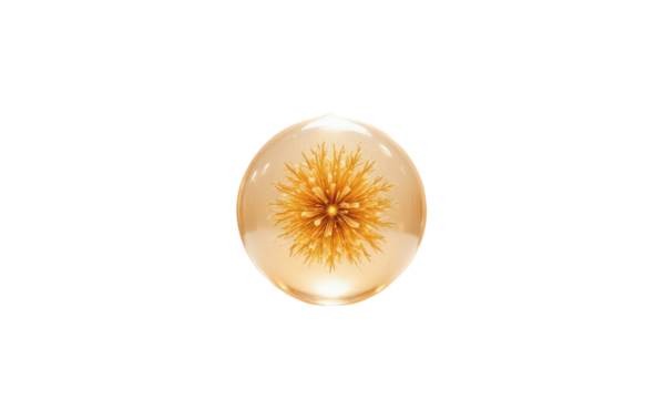 Golden spiky flower in transparent orb on light peach background