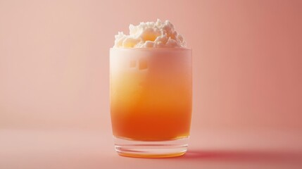 Refreshing orange float in a clear glass against a soft pink background offering a sweet and creamy delight with a modern minimalist aesthetic