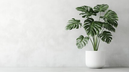6.A monstera plant with abundant, oversized leaves in a minimalist white pot, the textures of the plant and pot enhanced by soft diffused lighting on a plain background.