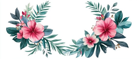 Fototapeta premium Watercolor Floral Wreath with Pink Hibiscus Flowers and Lush Green Foliage on White Background for Wedding Invitation and Card Design