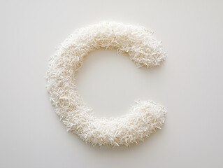 a letter C made of  shredded coconut. top view. Minimalistic design on a plain white background