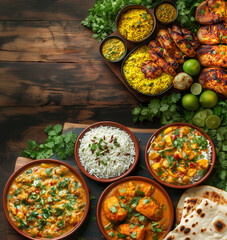 Flat Lay of Indian Cuisine with Spices on Rustic Wooden Table