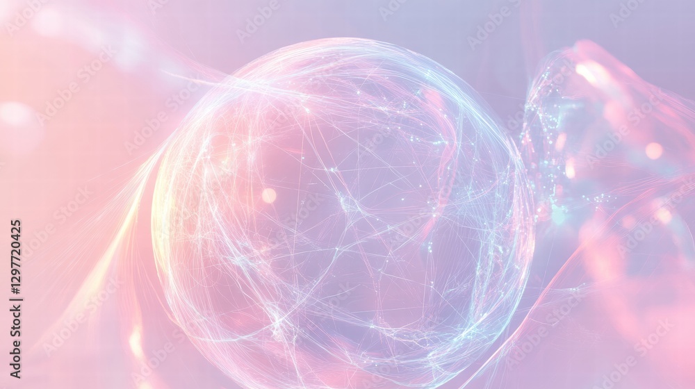 Poster Floating light sphere with intricate network patterns in a dreamy background during twilight hours. Generative AI