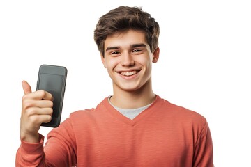 Happy teen showing smartphone, thumbs up.