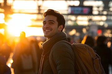 Fototapeta premium Happy Young Man Traveler Backpack Sunset Golden Hour Smiling Portrait Urban Background Adventure Journey Positive Emotion Casual Style Outdoor Street 