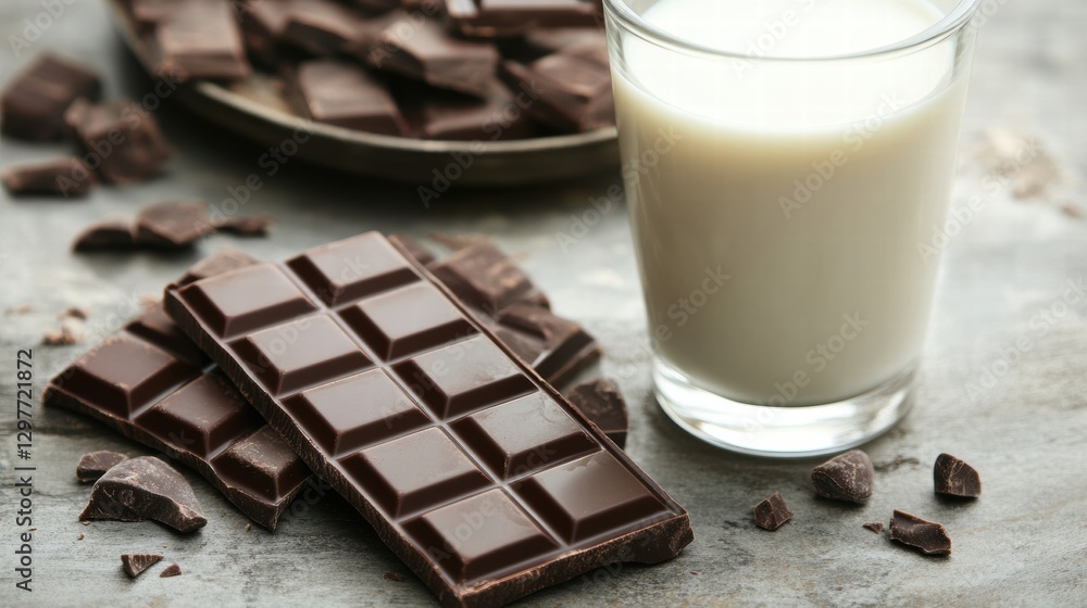 Poster indulgent chocolate with a glass of milk on a textured surface for a delightful snack experience. ge